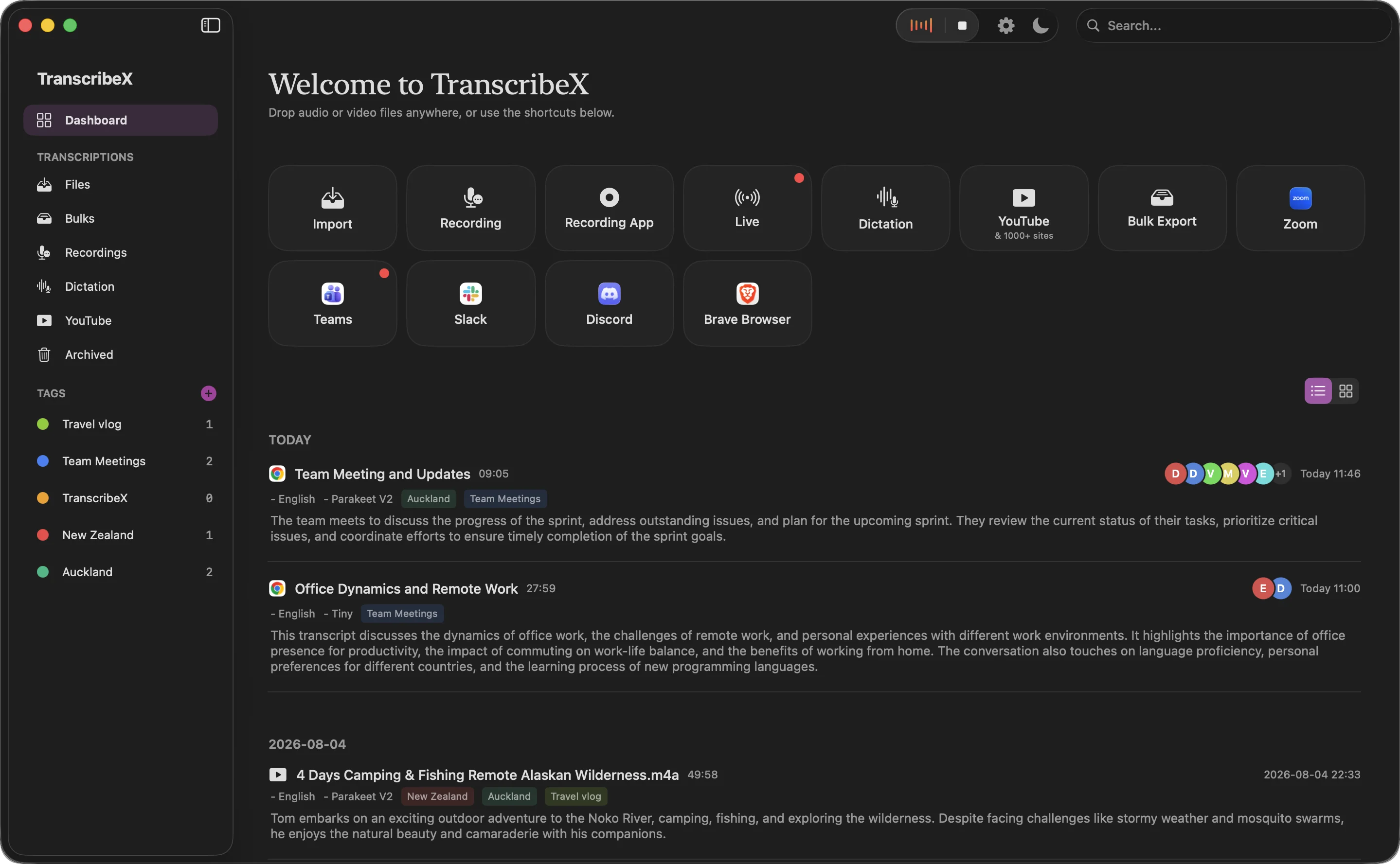 TranscribeX dashboard on macOS showing transcribed meetings, recordings and imports with speaker labels